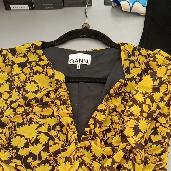 Ganni Black and Yellow Floral Long Sleeve Dress - Picture 6 of 7